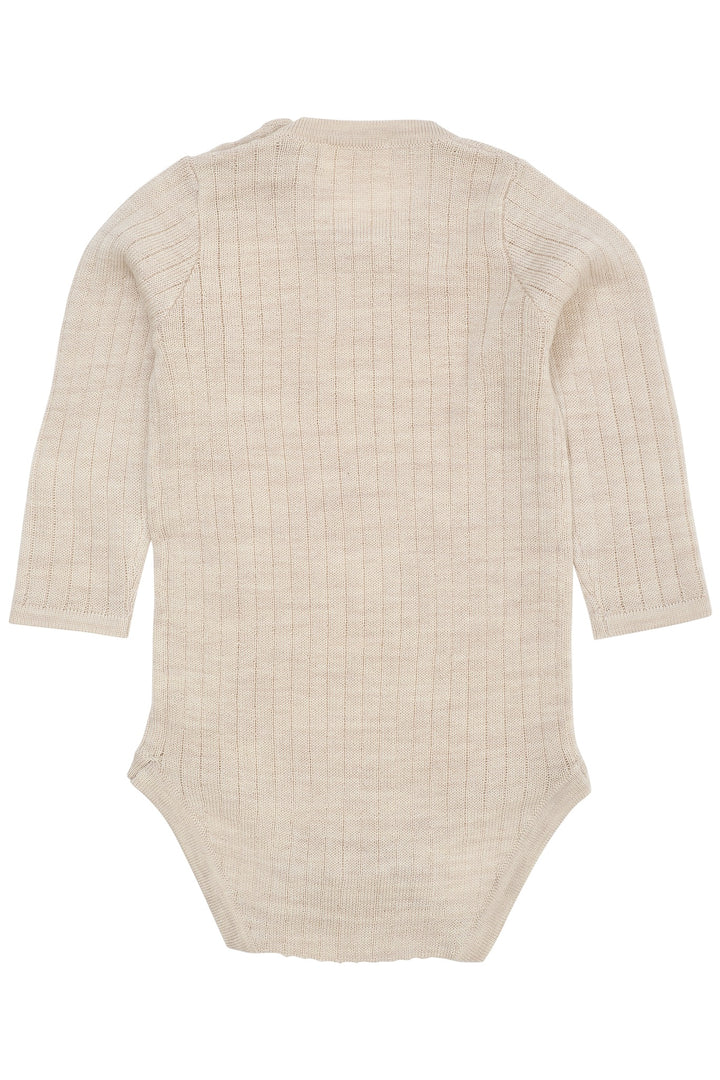 LANGÆRMET RIB BODYSTOCKING I MERINOULD - PALE CREAM MELANGE
