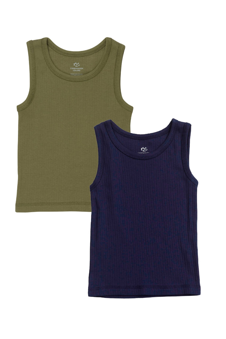2-PAK RIB JERSEY TANK-TOPPE - NAVY/DARK GREEN COMB