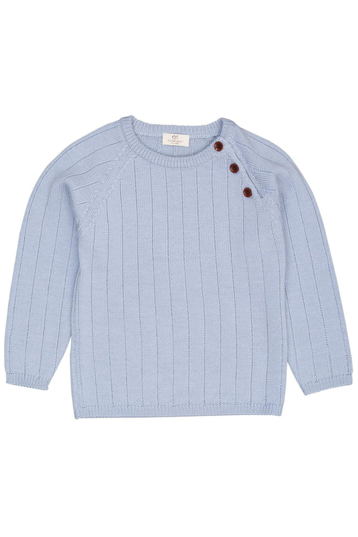 STRIKKET BLUSE I MERINOULD M. KNAPLUKNING OVER SKULDER - DUSTY BLUE