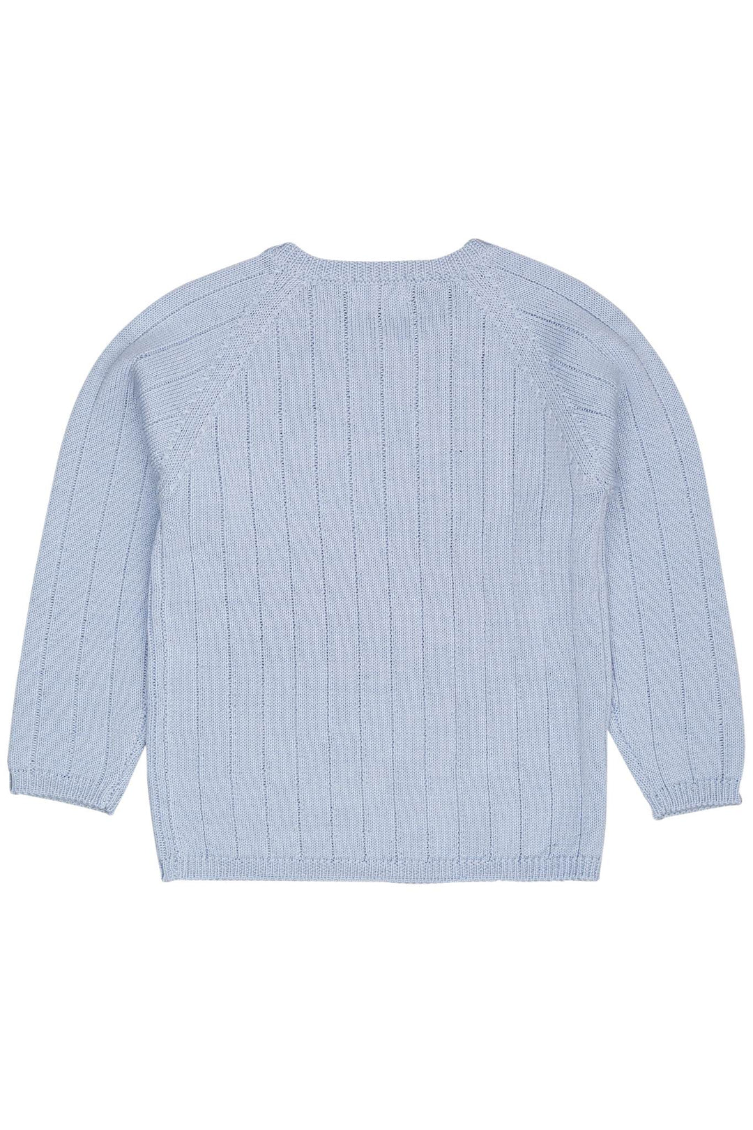 STRIKKET BLUSE I MERINOULD M. KNAPLUKNING OVER SKULDER - DUSTY BLUE