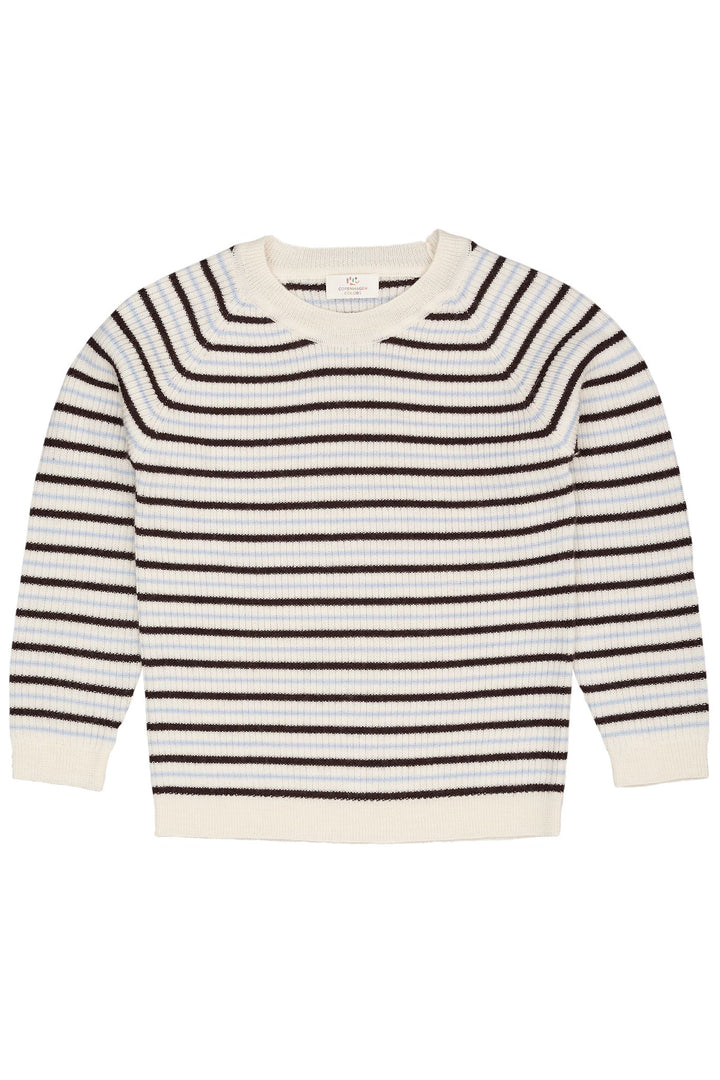KLASSISK MERINO BLUSE I RIB - CREAM/DK BROWN/DUSTY BLUE COMBI