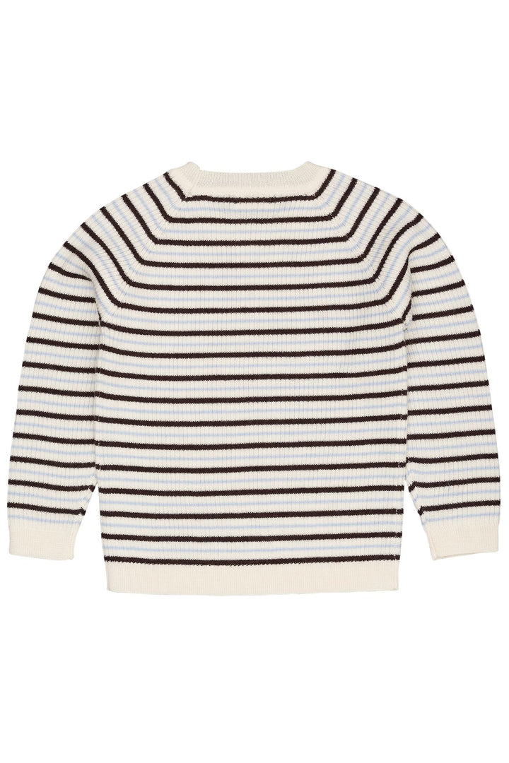 KLASSISK MERINO BLUSE I RIB - CREAM/DK BROWN/DUSTY BLUE COMBI
