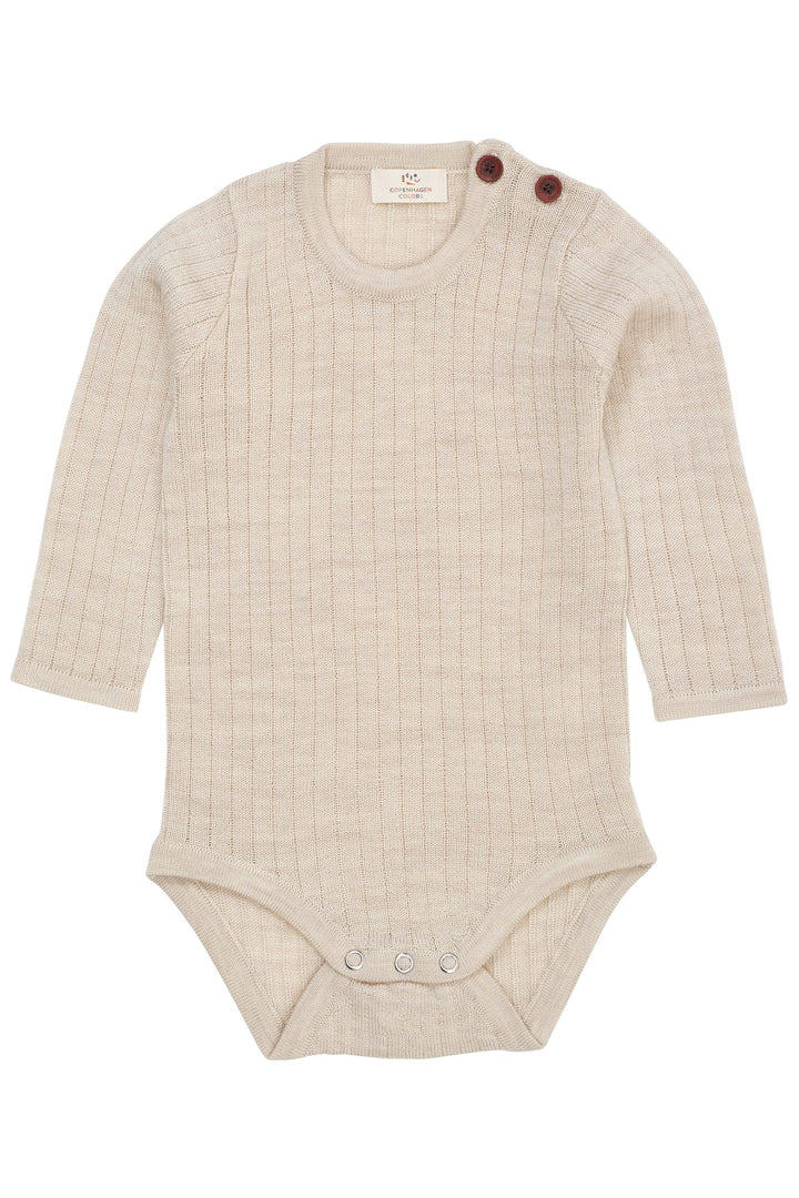 LANGÆRMET RIB BODYSTOCKING I MERINOULD - PALE CREAM MELANGE