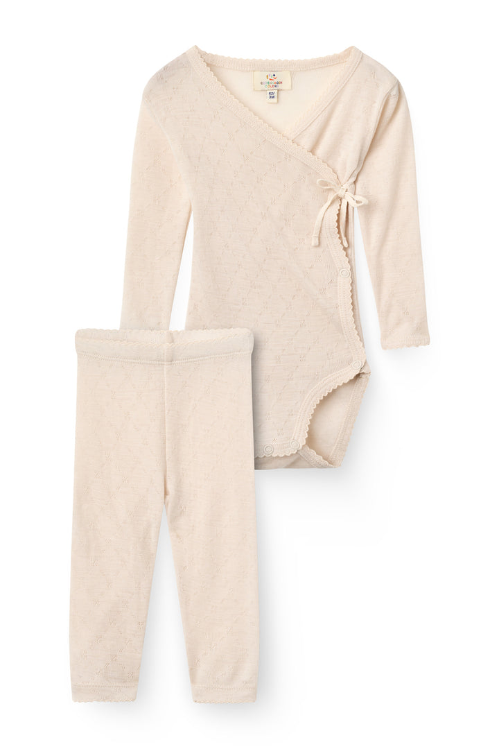 2-Pack LT. Knitted Pointelle Cross-Over Body W. Picot Edge + Pointelle Leggings W Picot Edge - CREAM