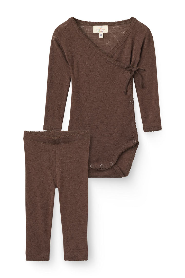 2-Pack LT. Knitted Pointelle Cross-Over Body W. Picot Edge + Pointelle Leggings W Picot Edge - DK BROWN