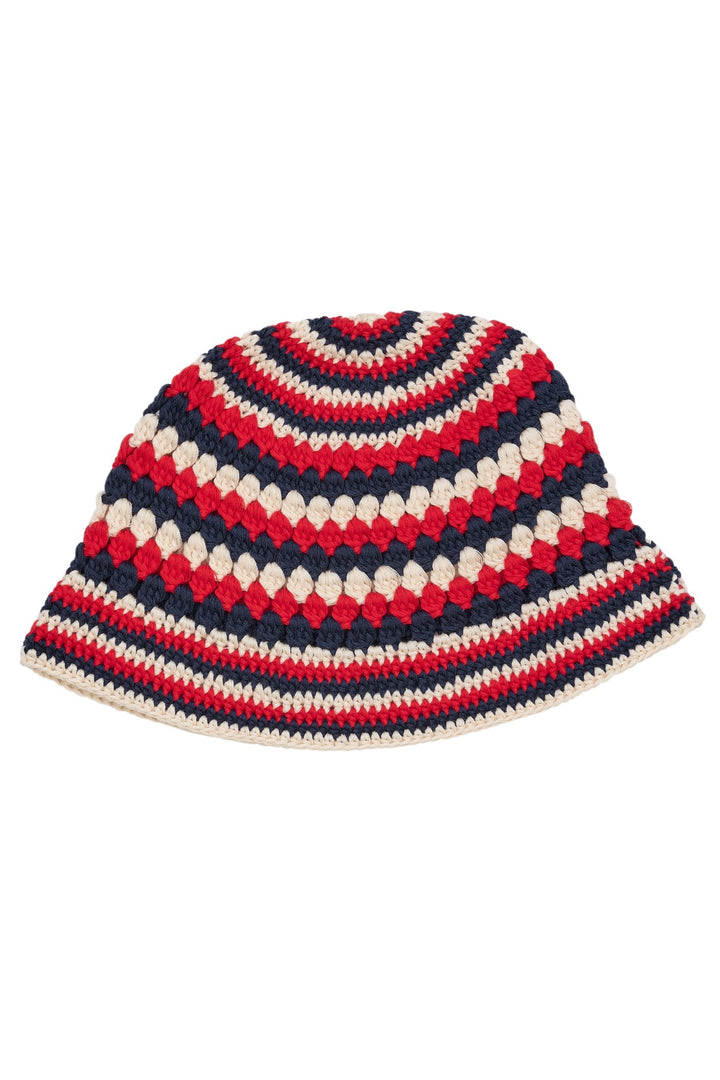 HÆKLET BØLLEHAT - CREAM/NAVY/RED COMB.