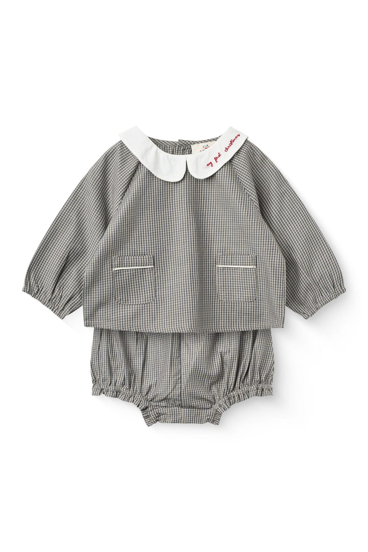 Ternet Broderet Baby Sæt m. Bluse og Bloomers - Grey Check Comb.