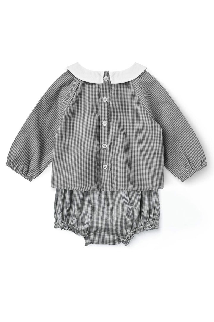 Ternet Broderet Baby Sæt m. Bluse og Bloomers - Grey Check Comb.