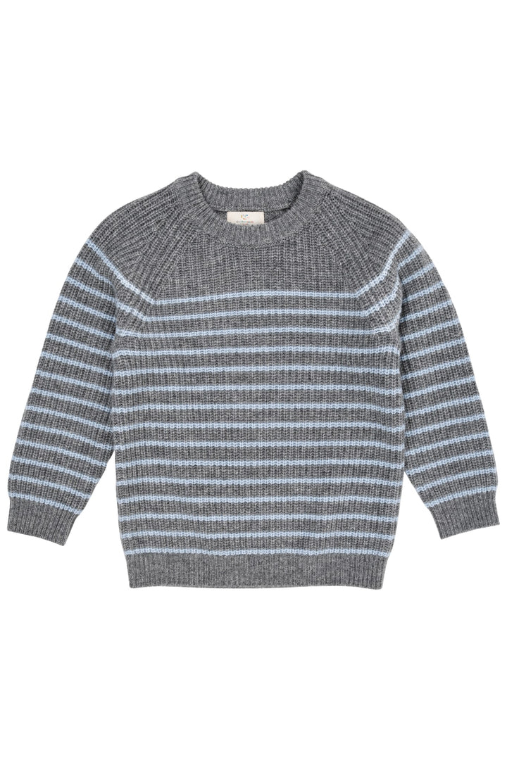 Cashmere Classic Rib Pullover - GREY MEL/DUSTY BLUE STRIPE