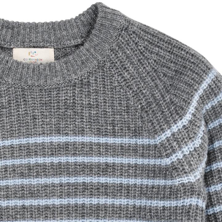 Cashmere Classic Rib Pullover - GREY MEL/DUSTY BLUE STRIPE