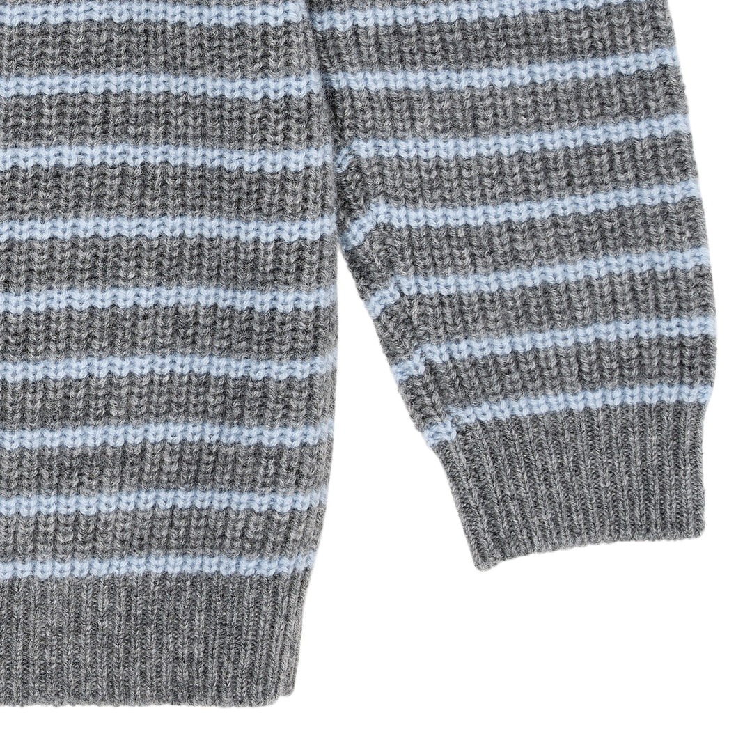 Cashmere Classic Rib Pullover - GREY MEL/DUSTY BLUE STRIPE