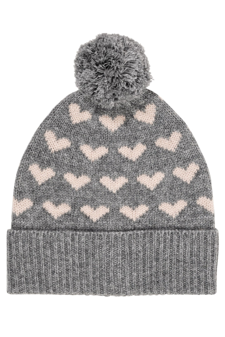 Cashmere Beanie w. Hearts and Pompom - Grey Mel./Taupe Combi