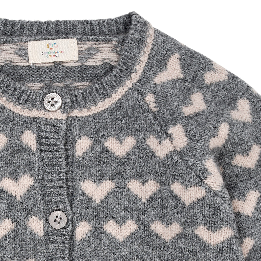 Cashmere Cardigan m. Hjerte - Grey Mel./Taupe Comb.