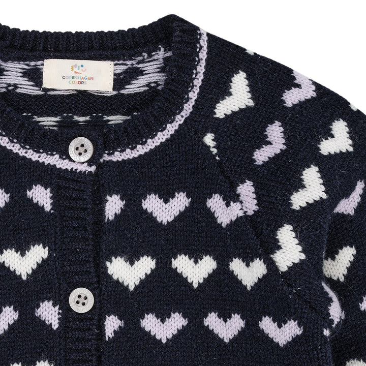 Cashmere Cardigan m. Hjerte - Navy/Lavender Comb