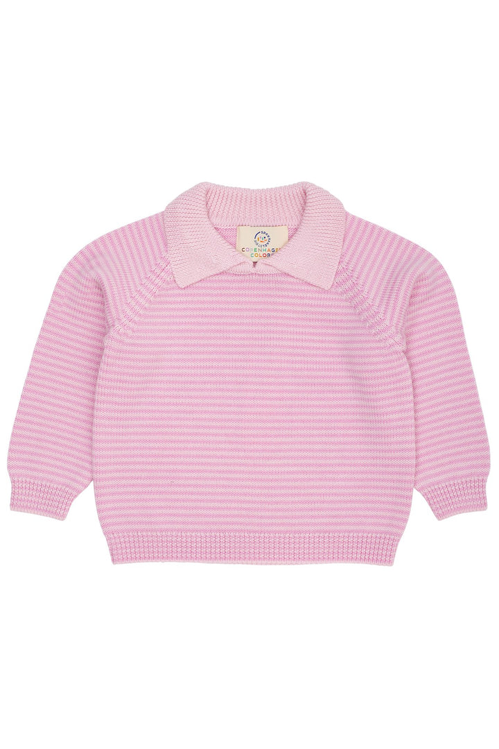 MERINO STRIBET BLUSE MED KRAVE - BALLERINA/SYRINGA STRIPE