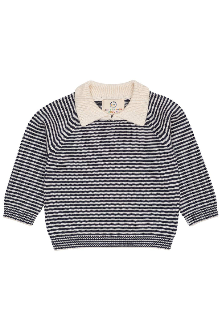 MERINO STRIBET BLUSE MED KRAVE - CREAM/NAVY STRIPE