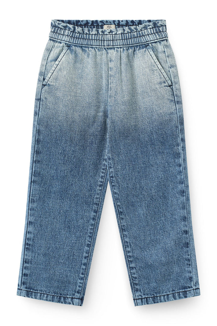 FRILL DENIM PANTS W. BOW - BLOCK SPRAY