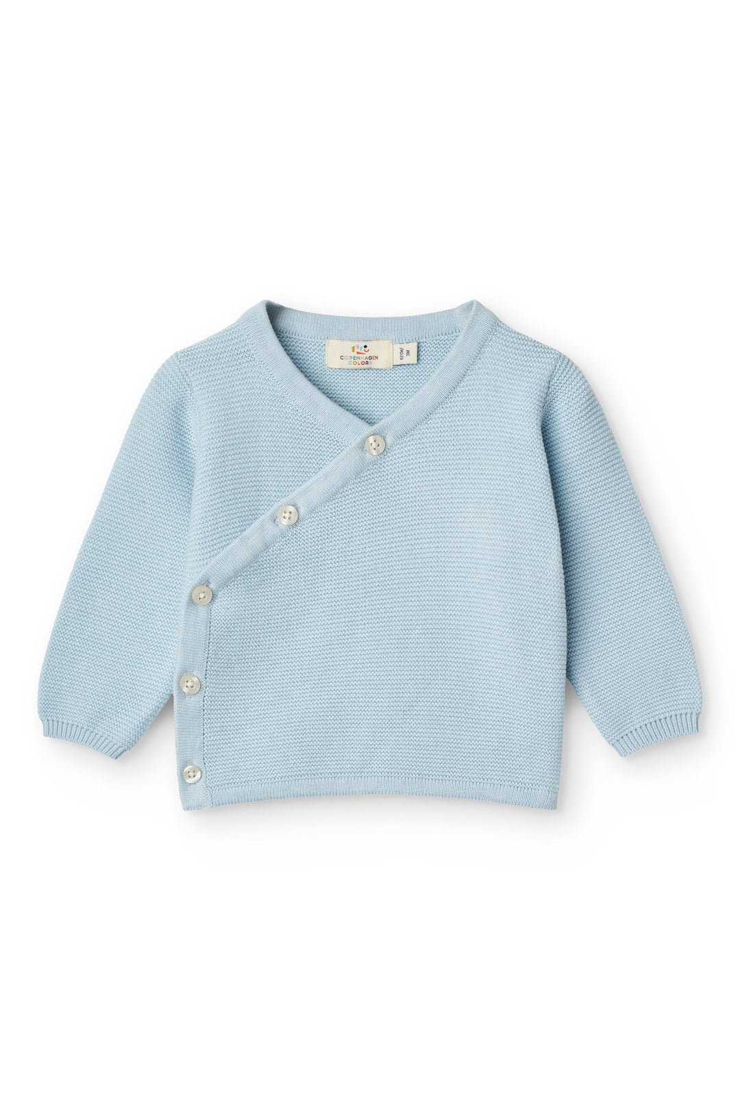 Bomuldsstrikket Baby cardigan m. skrå sidelukning - DUSTY BLUE