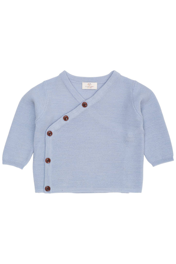 VRANGSTRIKKET BABY CARDIGAN I MERINOULD - DUSTY BLUE