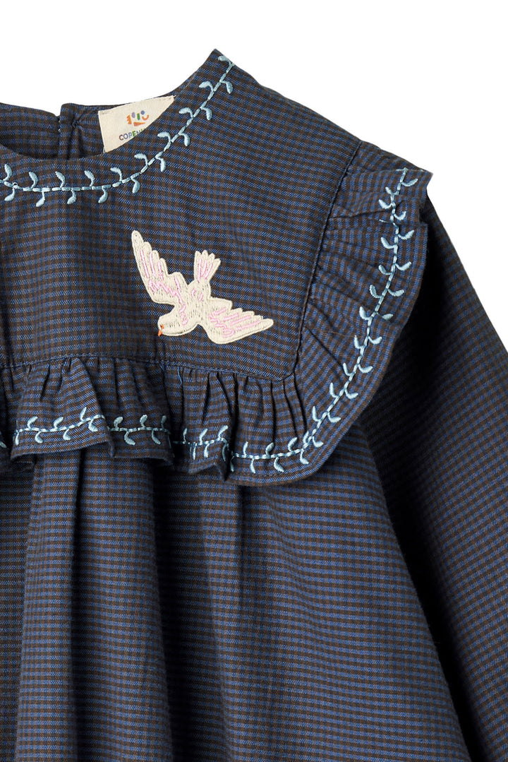 TERNET KJOLE M. BRODERI OG FLÆS - BROWN BLUE CHECK COMB