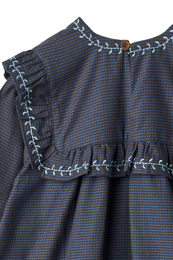 TERNET KJOLE M. BRODERI OG FLÆS - BROWN BLUE CHECK COMB