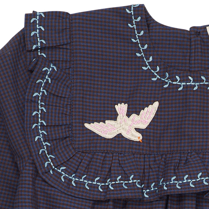 TERNET KJOLE M. BRODERI OG FLÆS - BROWN BLUE CHECK COMB