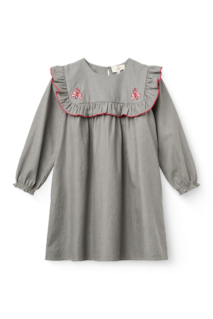 Langærmet kjole med broderi - GREY CHECK COMB