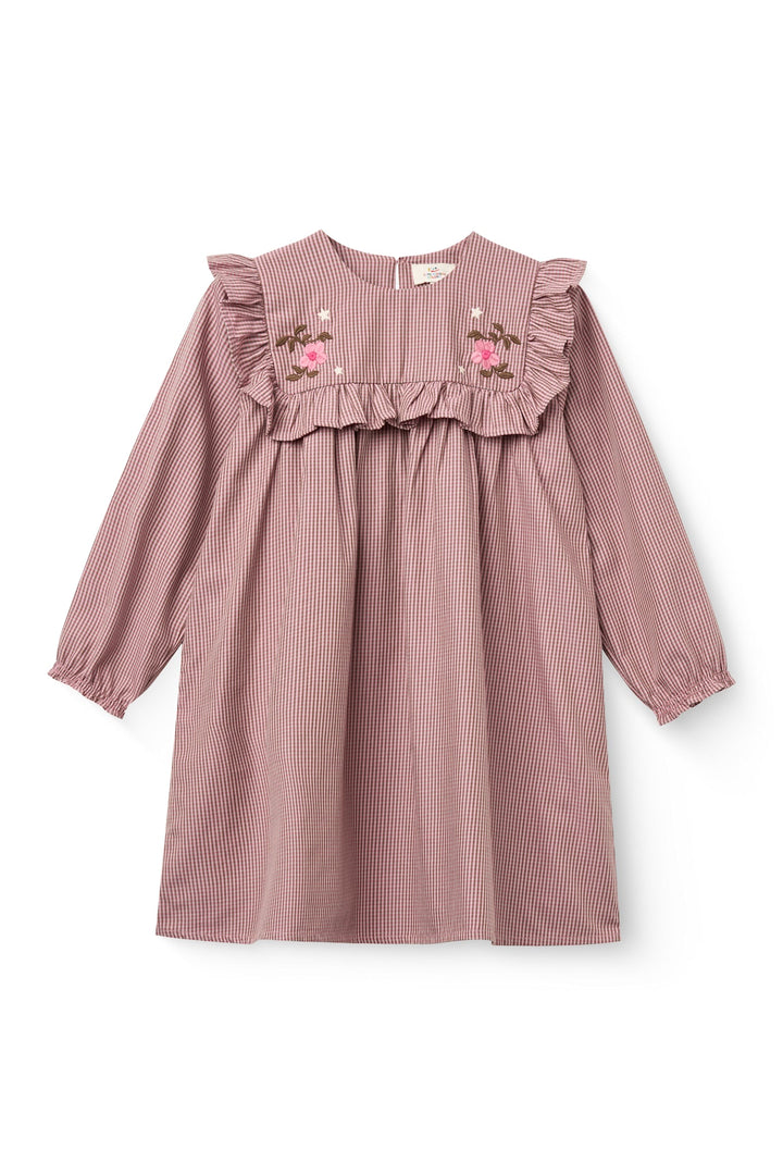 Langærmet kjole med broderi - WINTER ROSE CHECK COMB