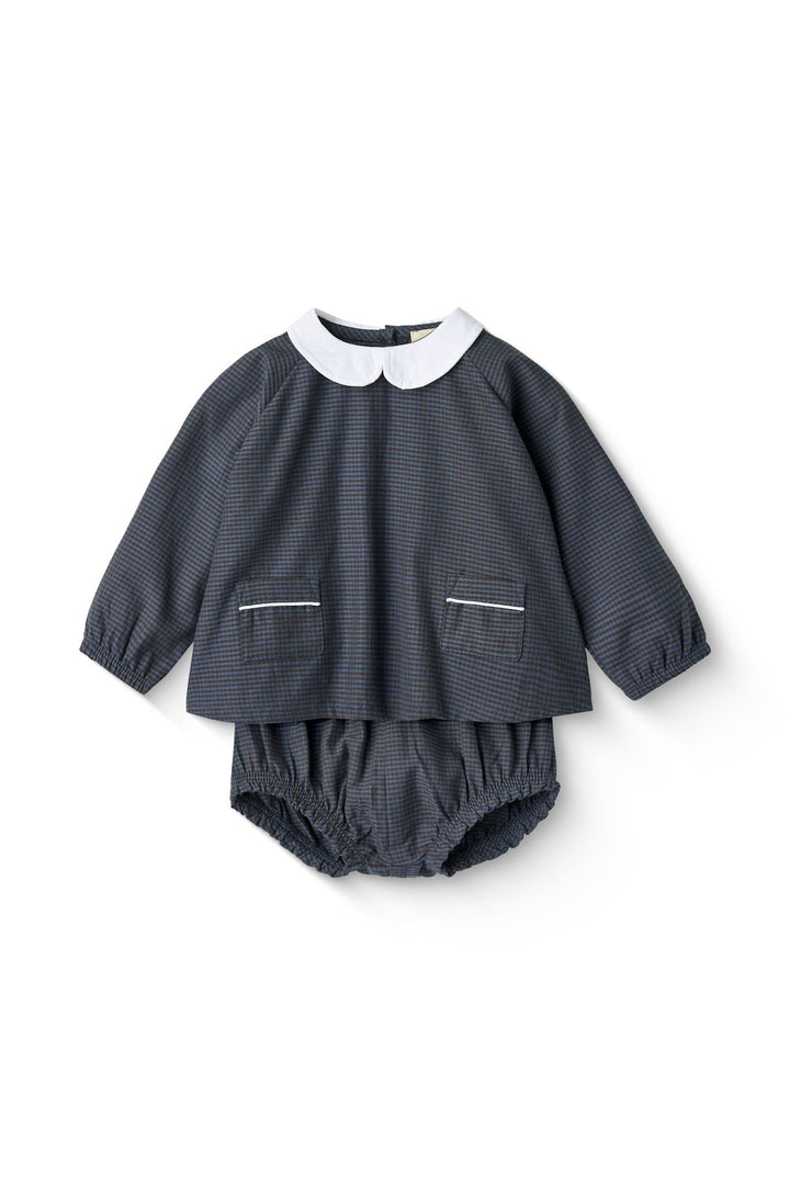 TERNET BABY-SÆT M. BLUSE OG BLOOMER - BROWN BLUE CHECK COMB