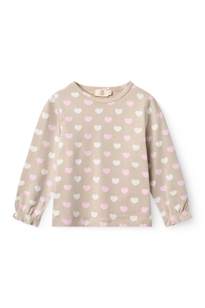 HEART AOP TEE LS W. PICOT - BEIGE W. BUBBLEGUM/CREAM