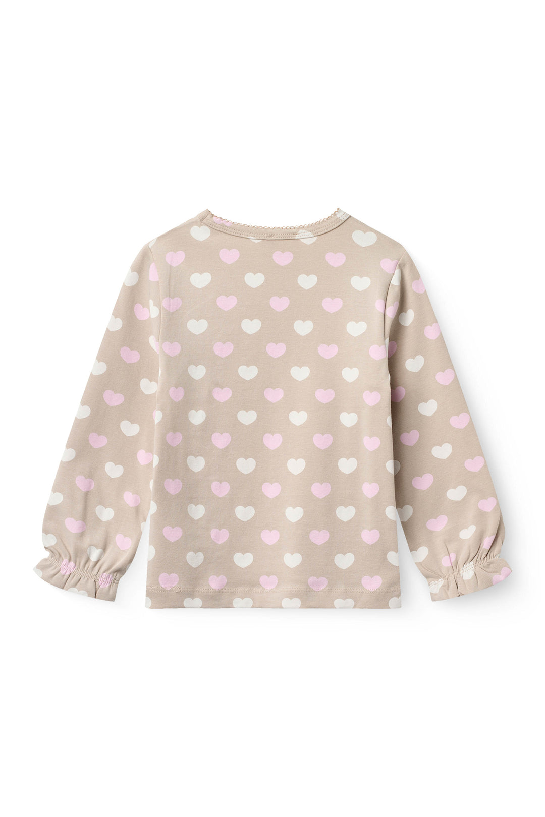 HEART AOP TEE LS W. PICOT - BEIGE W. BUBBLEGUM/CREAM