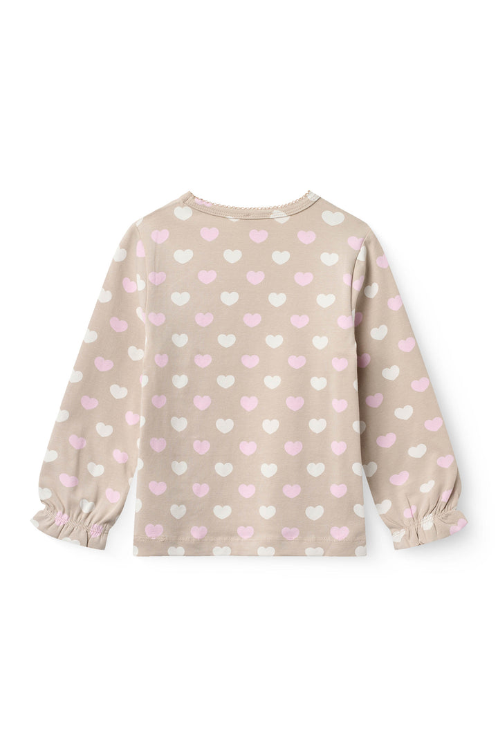 HEART AOP TEE LS W. PICOT - BEIGE W. BUBBLEGUM/CREAM