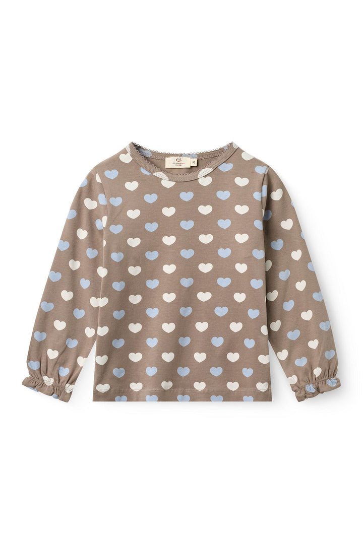HEART AOP TEE LS W. PICOT - TAUPE W. IT BLUE/CREAM
