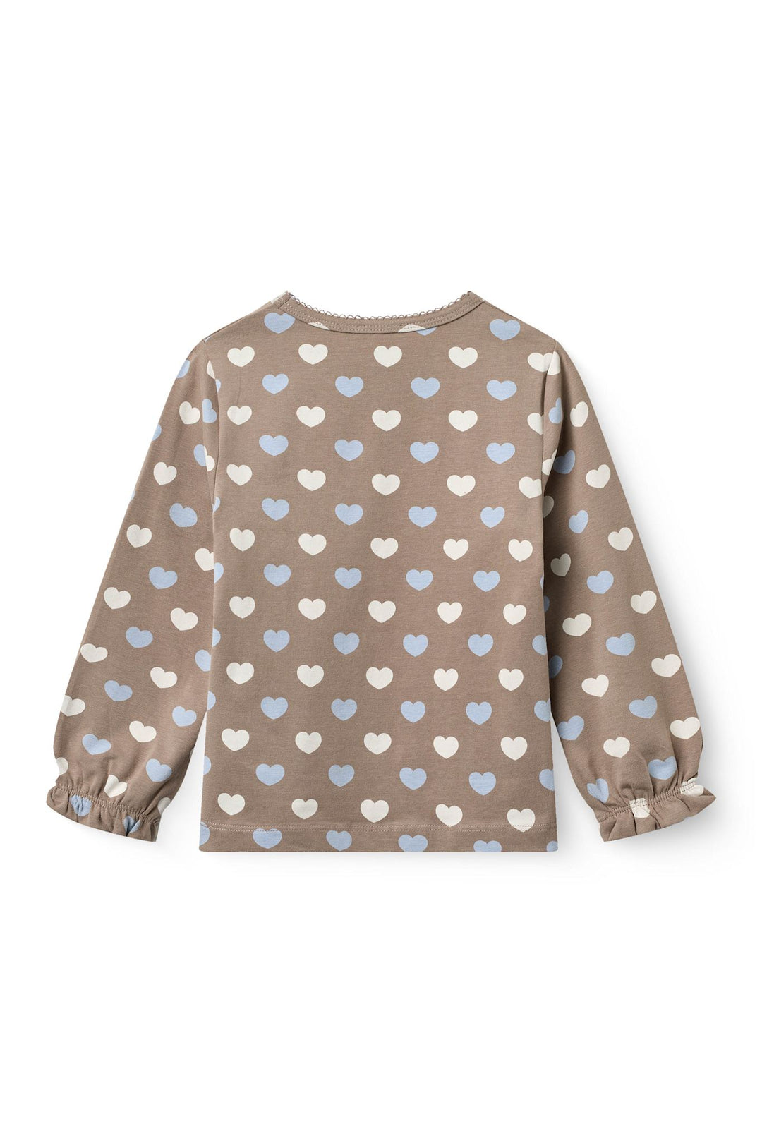 HEART AOP TEE LS W. PICOT - TAUPE W. IT BLUE/CREAM