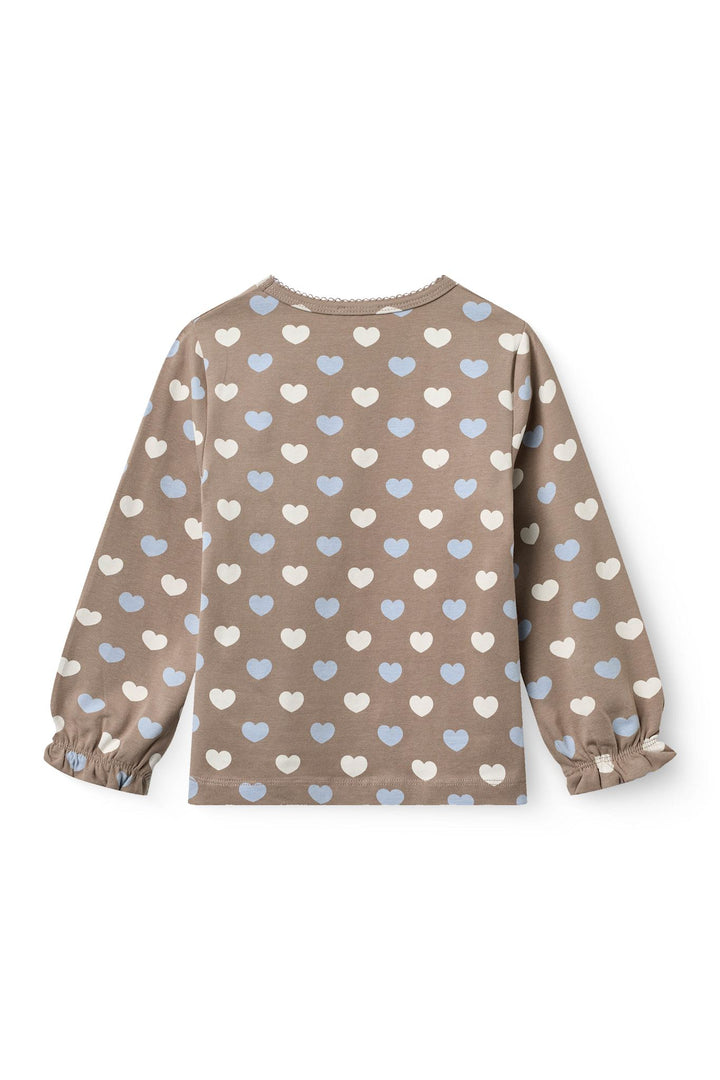 HEART AOP TEE LS W. PICOT - TAUPE W. IT BLUE/CREAM
