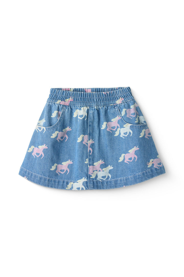 DENIM NEDERDEL M UNICORN PRINT - INDIGO BLUE WASHED W UNICORN