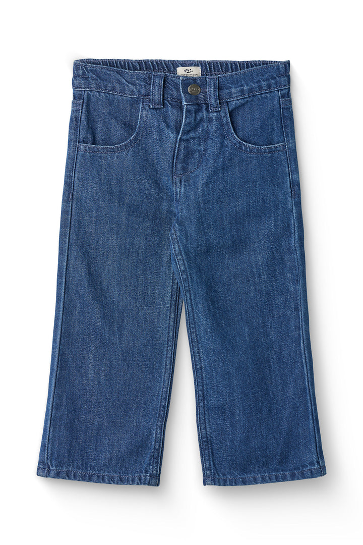 BRED JEANS M. BRODERI PÅ LOMME - DARK INDIGO BLUE WASHED