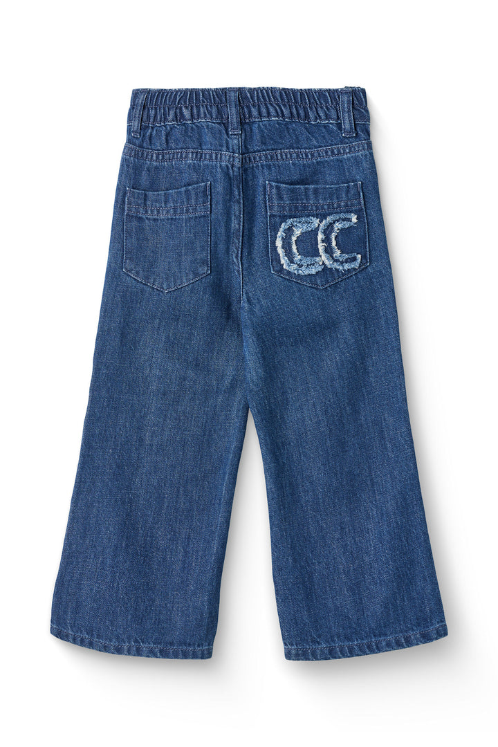 BRED JEANS M. BRODERI PÅ LOMME - DARK INDIGO BLUE WASHED