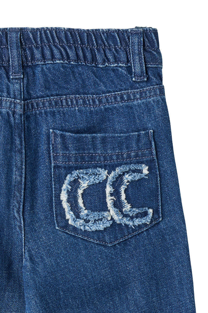 BRED JEANS M. BRODERI PÅ LOMME - DARK INDIGO BLUE WASHED