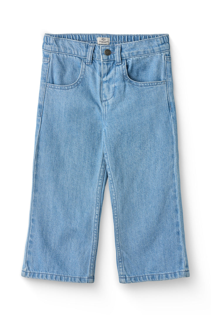 BRED JEANS M. BRODERI PÅ LOMME - LT BLUE INDIGO WASHED