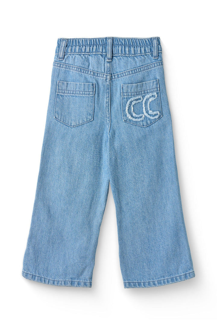 BRED JEANS M. BRODERI PÅ LOMME - LT BLUE INDIGO WASHED