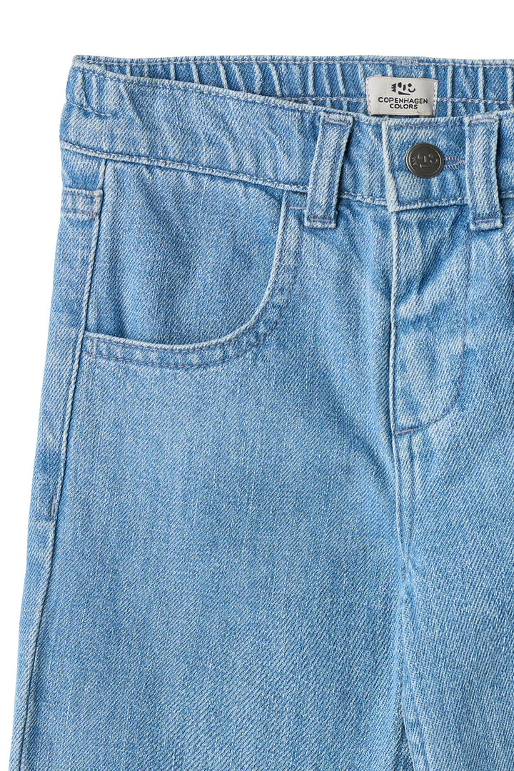 BRED JEANS M. BRODERI PÅ LOMME - LT BLUE INDIGO WASHED