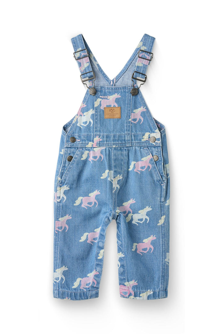 BABY DENIM OVERALLS M UNICORN PRINT - INDIGO BLUE WASHED W UNICORN