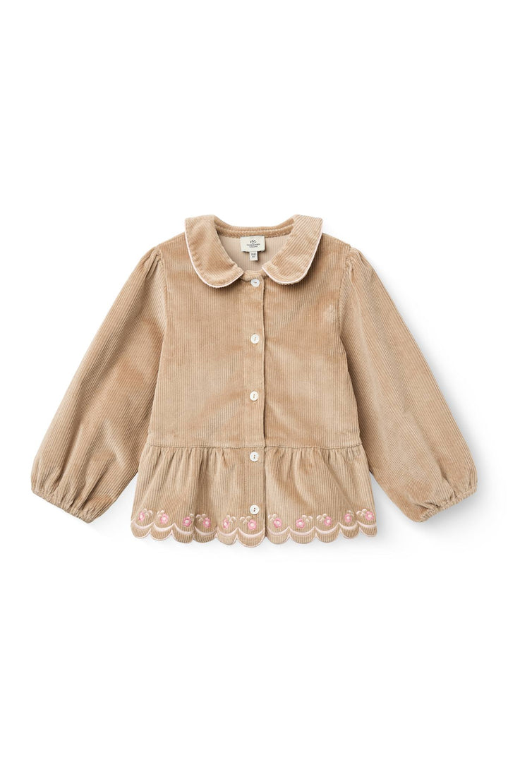 Skjorte I Fløjl M Puff Ærme og Broderi - BEIGE