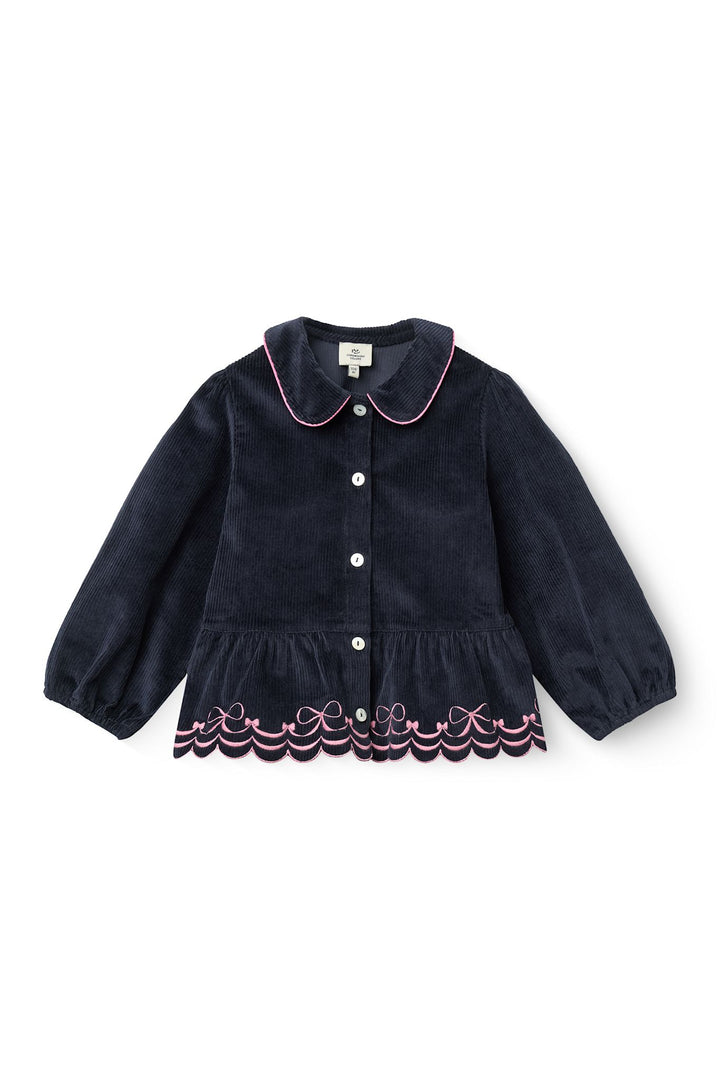 Skjorte I Fløjl M Puff Ærme og Broderi - NAVY
