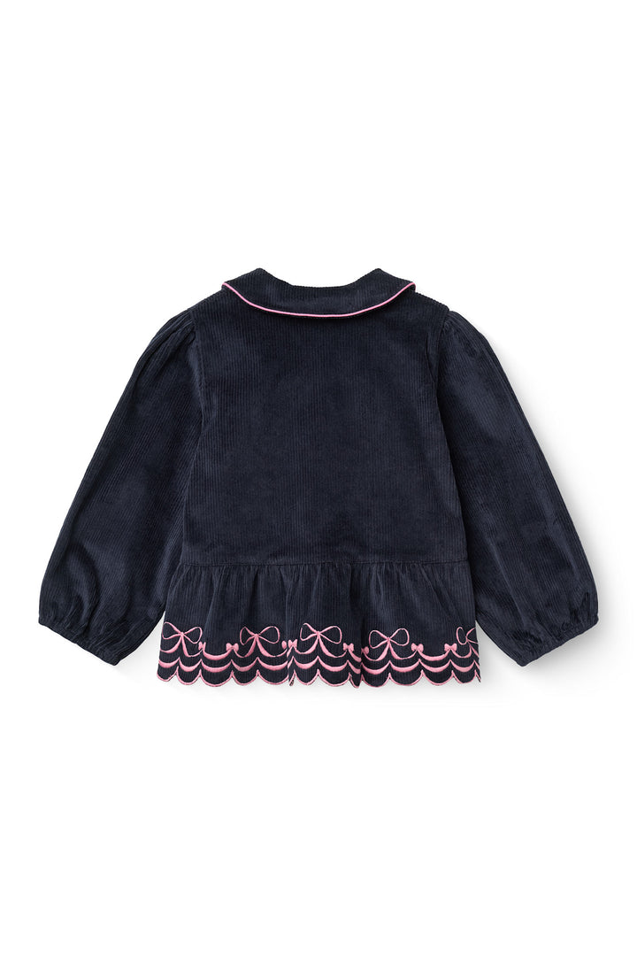 Skjorte I Fløjl M Puff Ærme og Broderi - NAVY