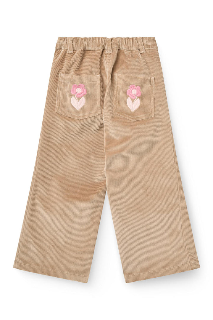 Bred Buks i Fløjl m. Broderi på Baglomme - Beige