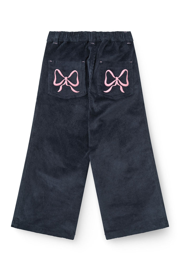Bred Buks i Fløjl m. Broderi på Baglomme - Navy