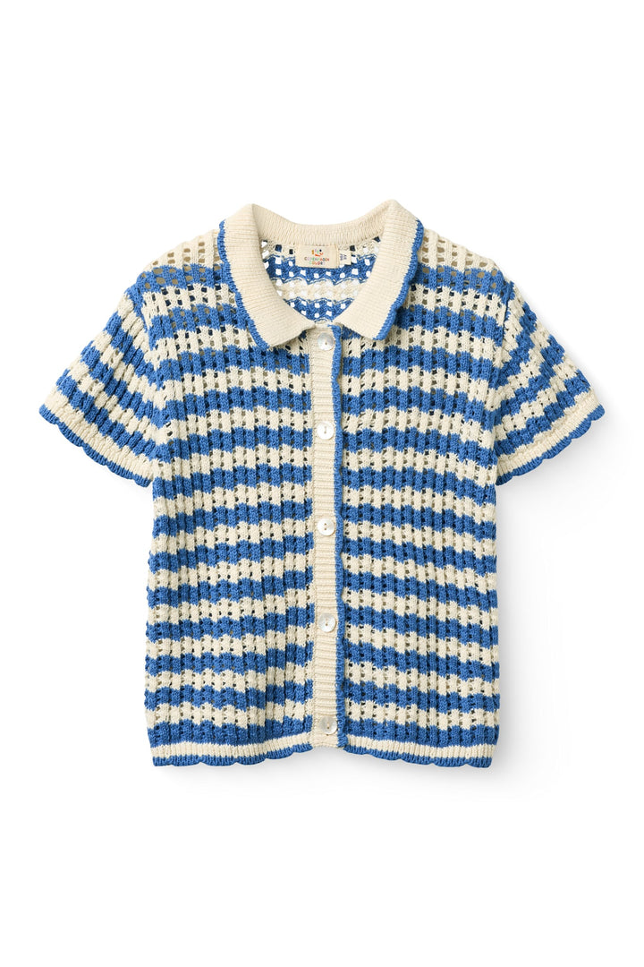 HÆKLET CARDIGAN SS - OCEAN BLUE/CREAM COMB