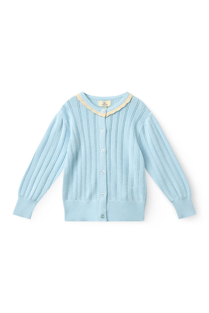 STRIKKET POINTELLE CARDIGAN - ICE BLUE/CREAM COMB.